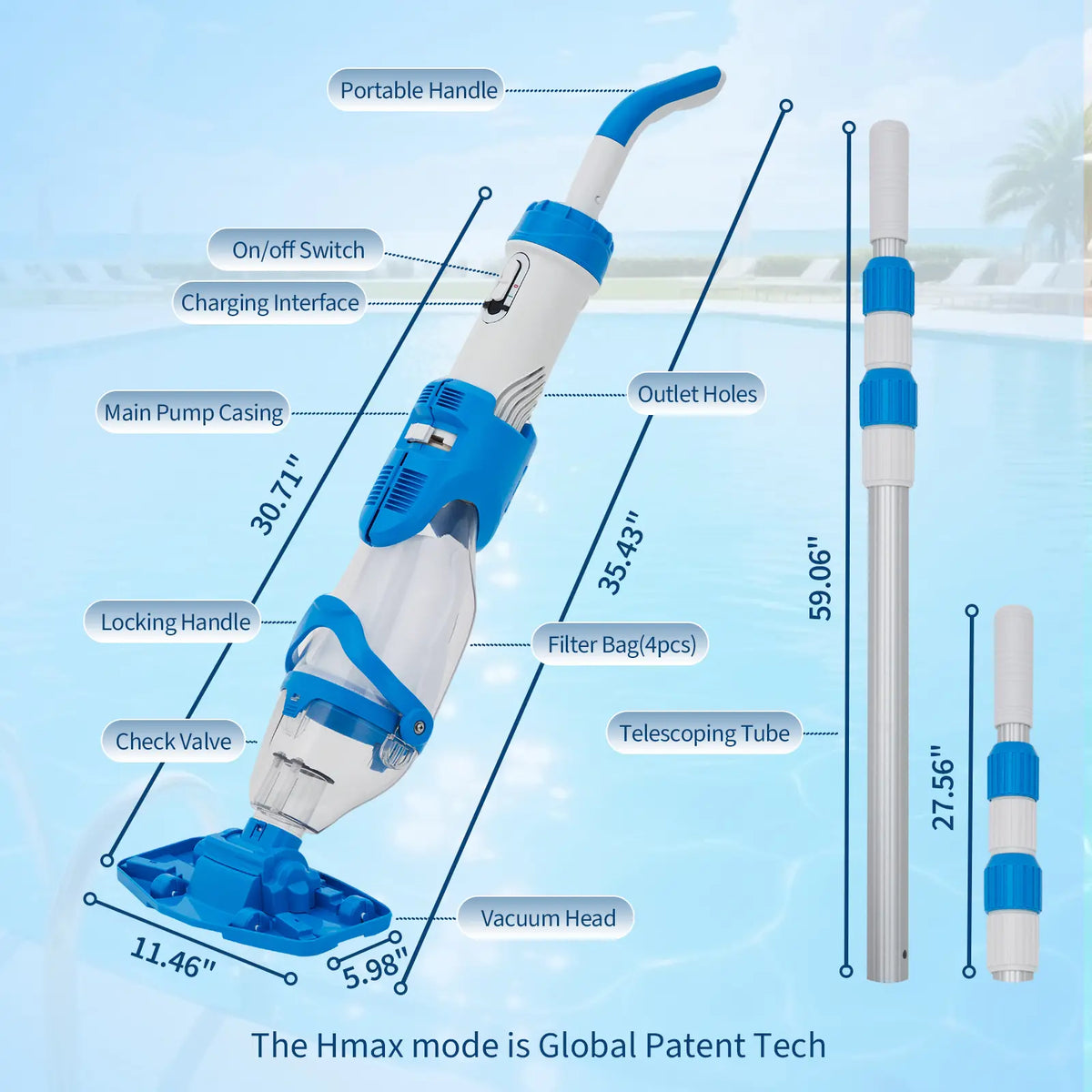 Wireless Pool Vacuum Cleaner with LED & Telescopic Pole