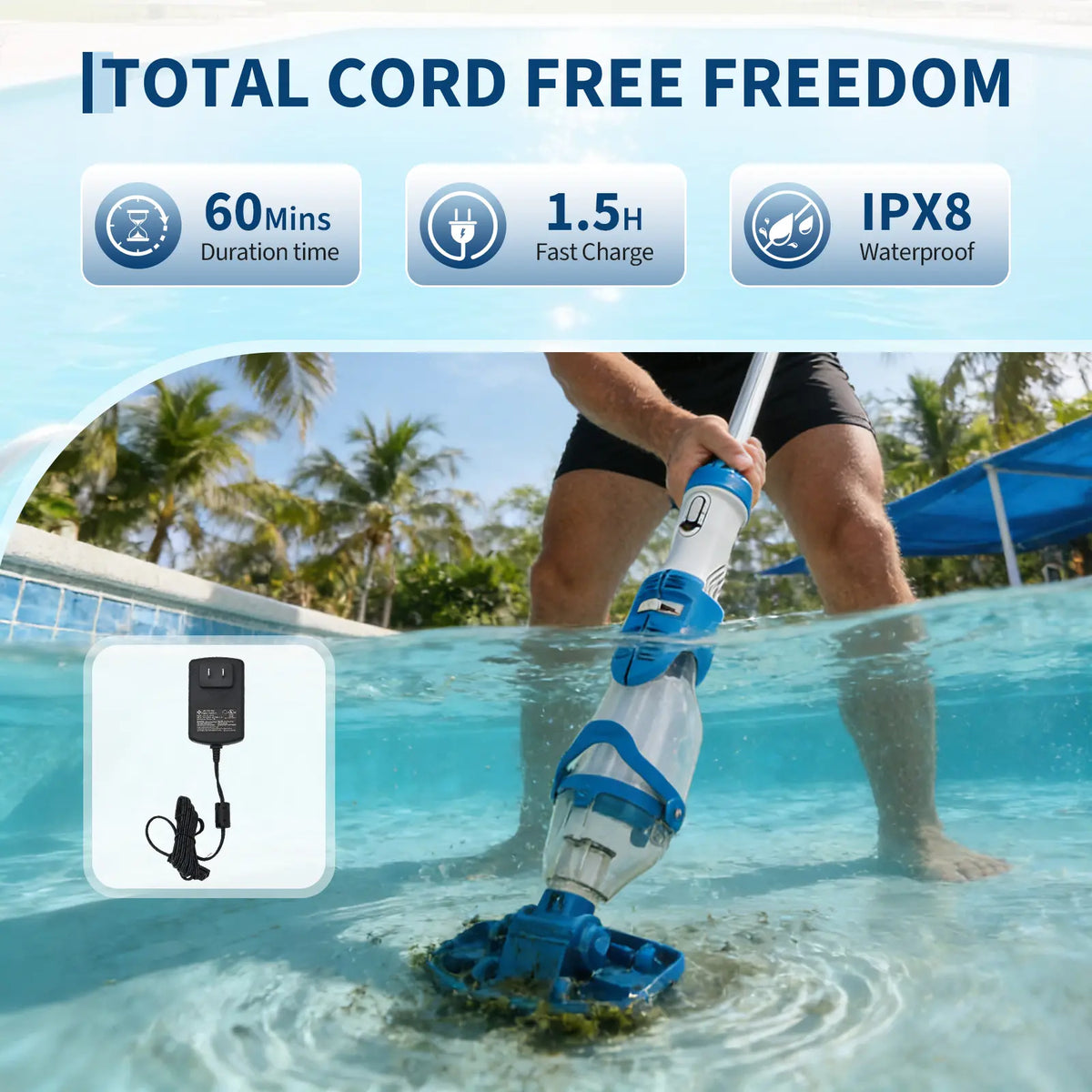 Wireless Pool Vacuum Cleaner with LED & Telescopic Pole