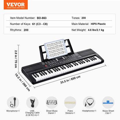61-Key Digital Keyboard Piano | 200 Tones